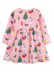 Children's Christmas Print Long Sleeve Casual Dress 