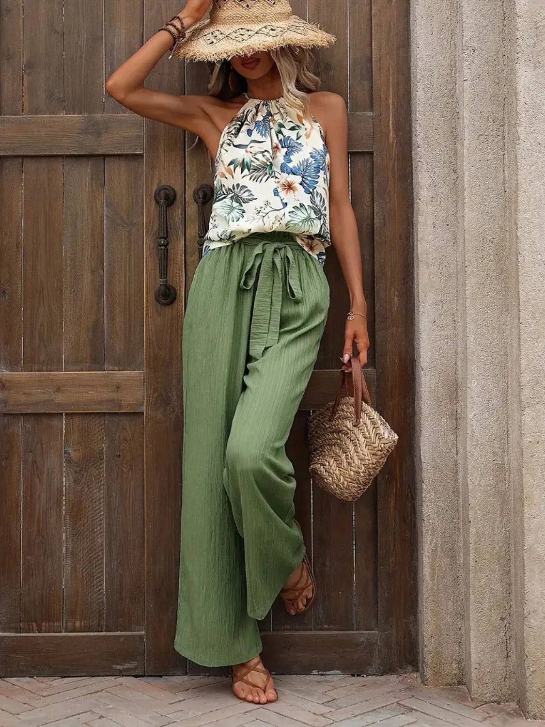 Printed Tank Top and Wide Leg Pants Set 