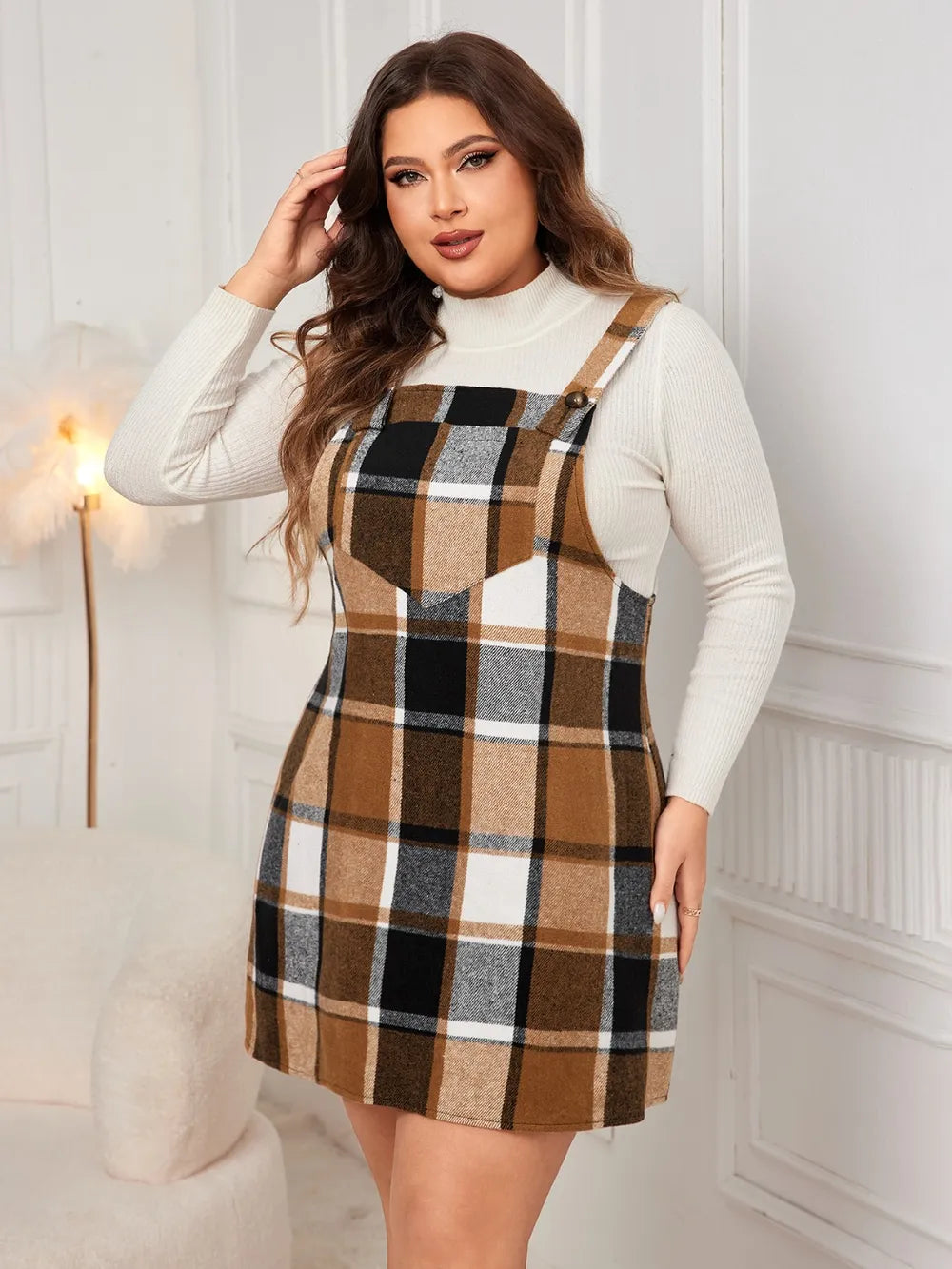 Honey Plus Size Plaid Wide Strap Overall Dress 