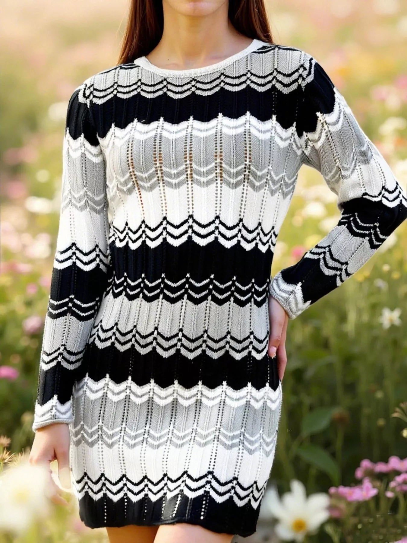 Openwork Wave Pattern Long Sleeve Sweater Dress 