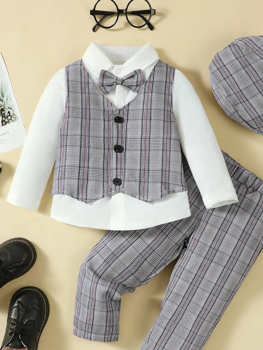 Hat, Long Sleeve Shirt, Plaid Vest and Pants 4-Piece Set 