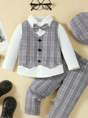 Hat, Long Sleeve Shirt, Plaid Vest and Pants 4-Piece Set 