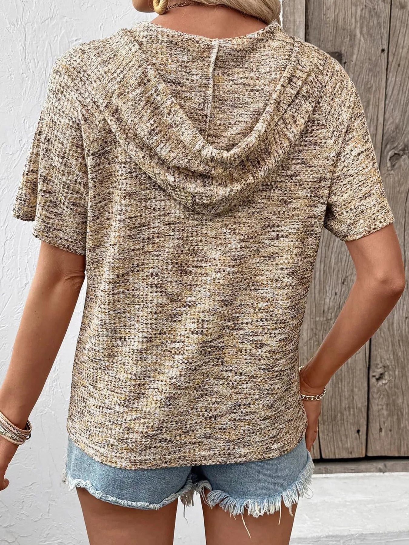 Drawstring Short Sleeve Hooded Top 