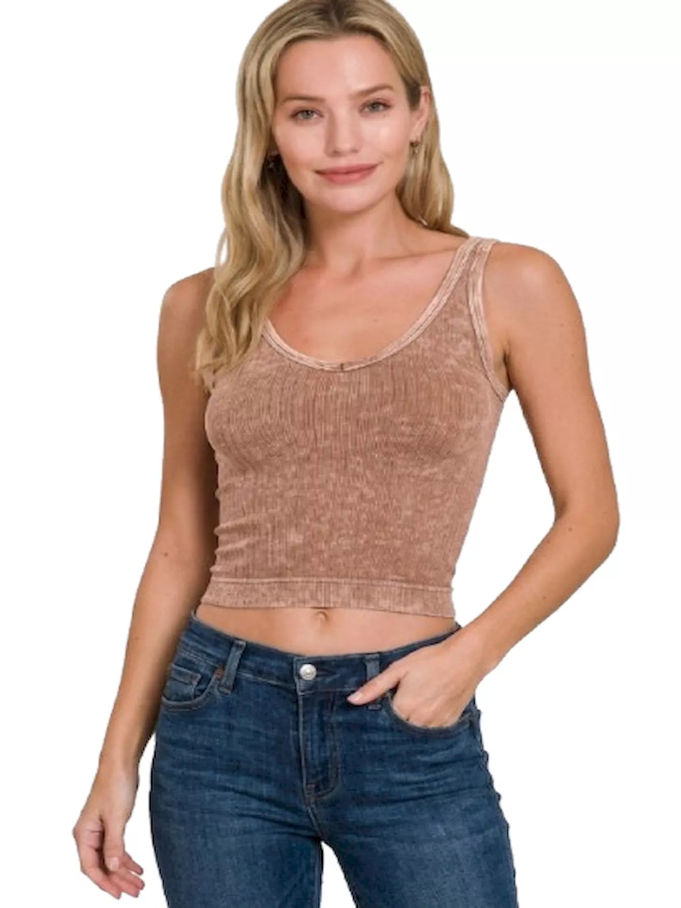 Zenana Washed Ribbed Seamless Cropped V-neck Tank Top 