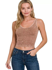 Zenana Washed Ribbed Seamless Cropped V-neck Tank Top 