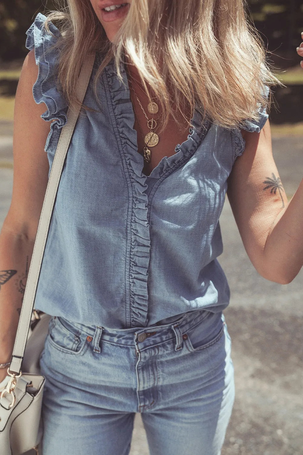 Frilly Ruffle Trim V Neck Chambray Tank 
