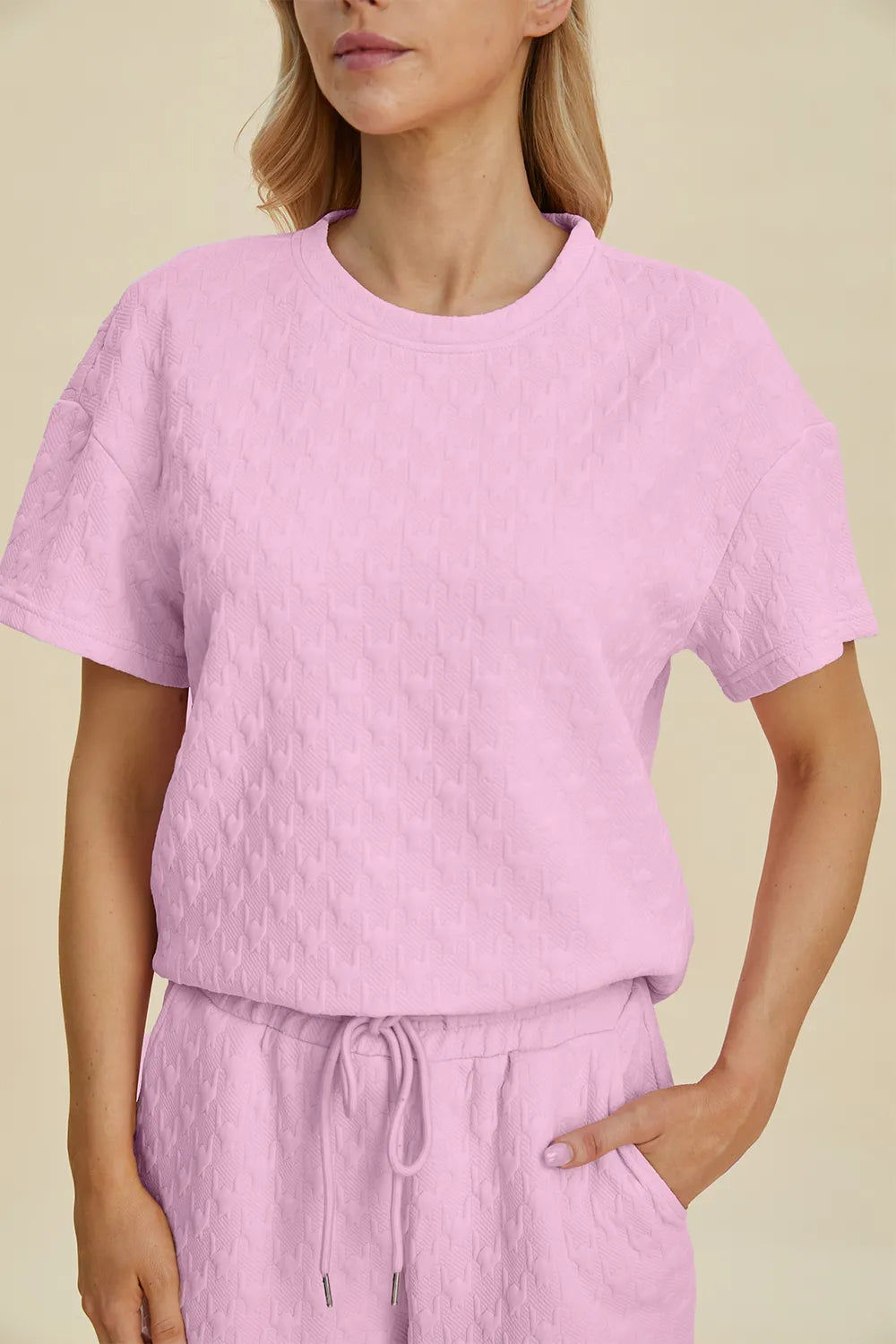 Double Take Full Size Texture Round Neck Short Sleeve Top and Pants Set 