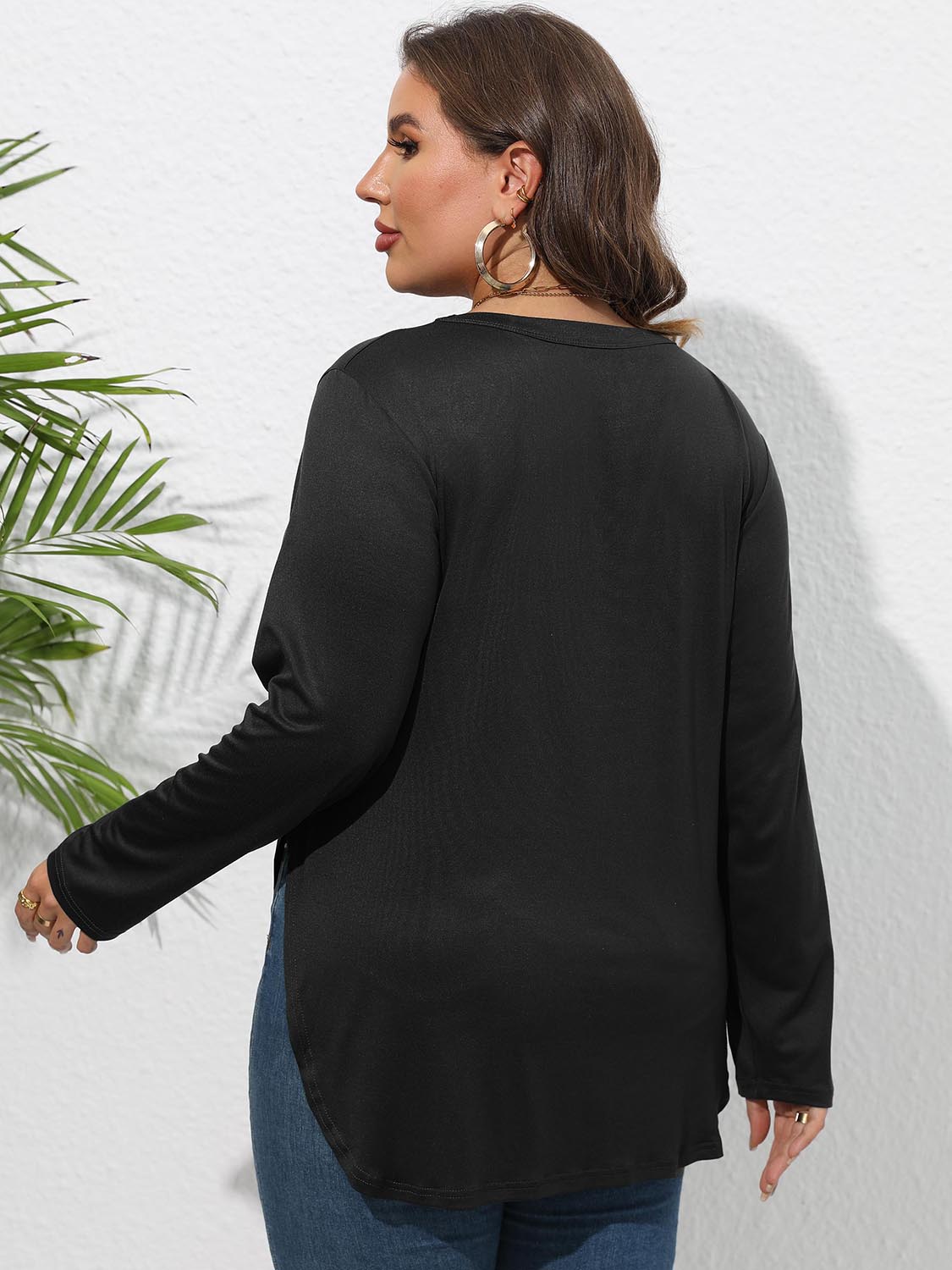Plus Size Round Neck Long Sleeve Slit T-Shirt 