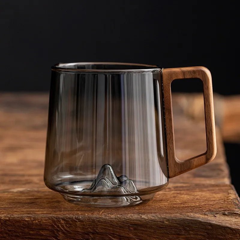 FlarePeak Glass Mug with Mountain Base and Wooden Handle – 400-500ML Durable Drinkware 