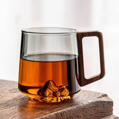 FlarePeak Glass Mug with Mountain Base and Wooden Handle – 400-500ML Durable Drinkware 