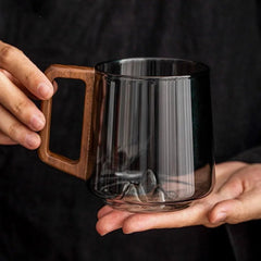 FlarePeak Glass Mug with Mountain Base and Wooden Handle – 400-500ML Durable Drinkware 