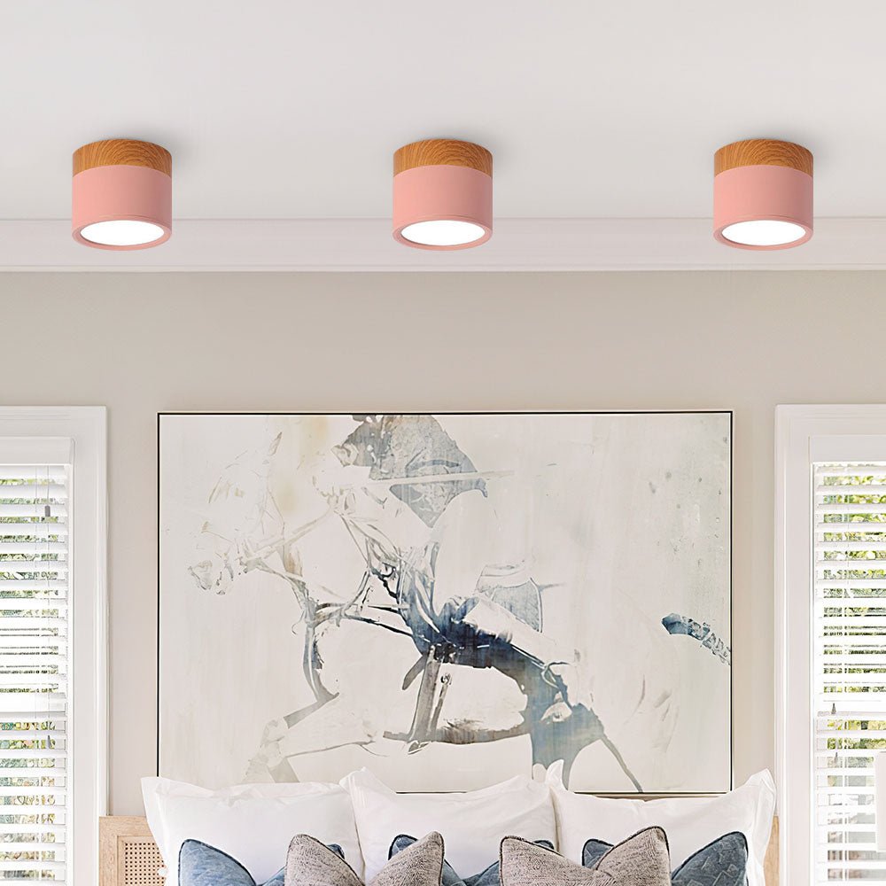 Flush Mount Ceiling Light with Energy-Efficient LED – Pink Wood Finish for Compact Spaces 