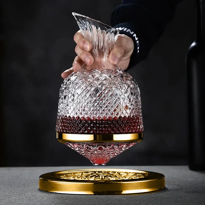 Hand-Blown Crystal Wine Decanter with 360° Stainless Steel Base – 45 oz Capacity for Enhanced Aeration 