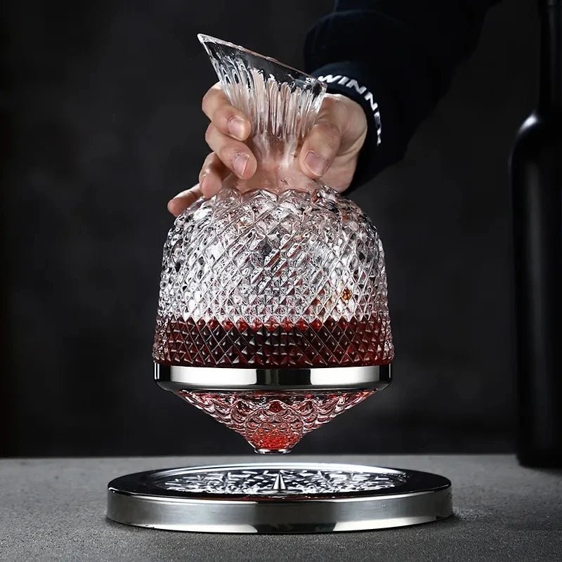 Hand-Blown Crystal Wine Decanter with 360° Stainless Steel Base – 45 oz Capacity for Enhanced Aeration 