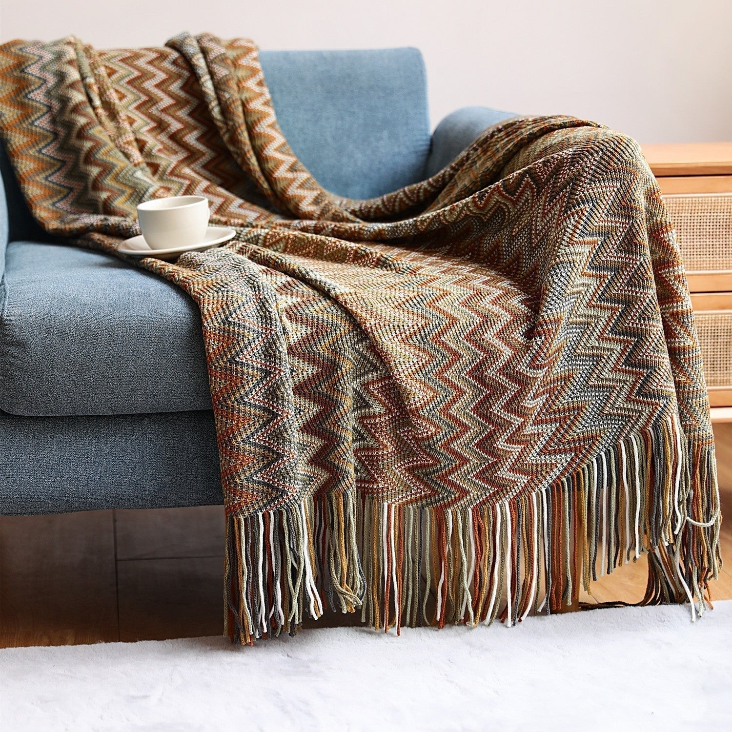 Handwoven Boho Chevron Coverlet in Earthy Colors – Soft and Stylish Bedspread 