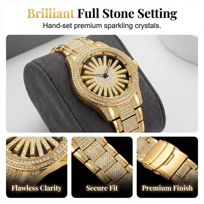 Imperial Shine Crystal Men's Quartz Watch | Rotating Dial, Gold Tone 