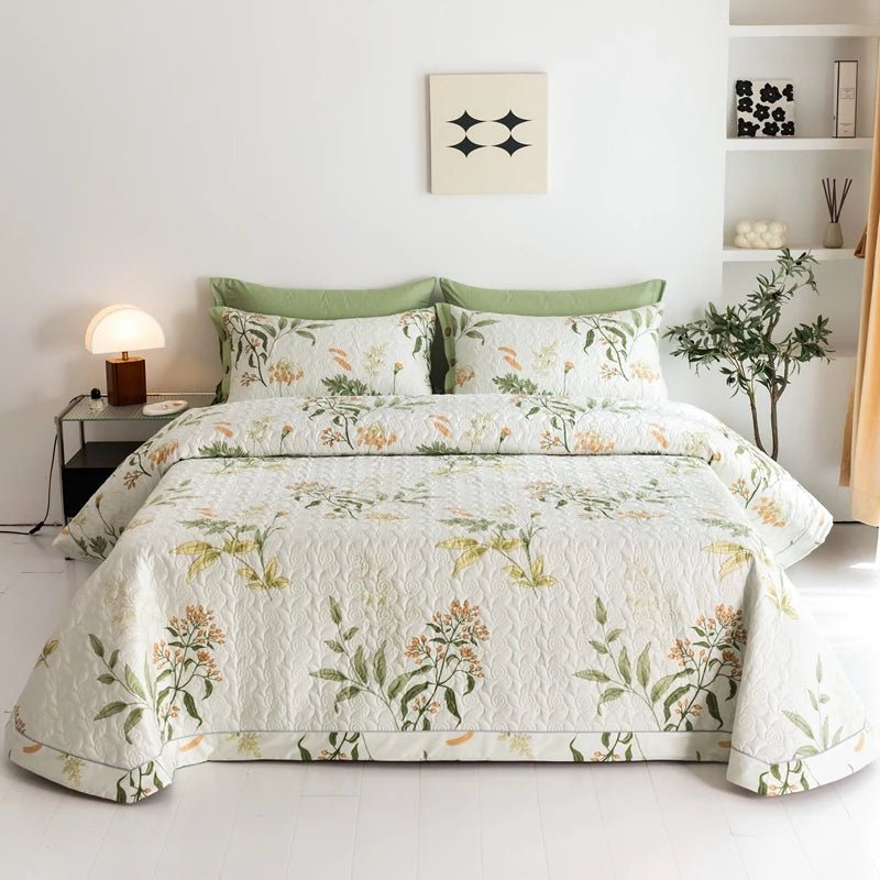 King Size Botanical Quilt Set – Lightweight 100% Cotton, Cooling Fabric for Stylish Bedroom Décor 
