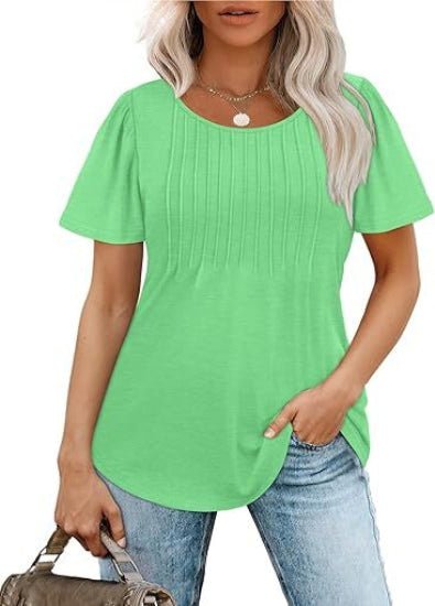 Liora Pleated Short Sleeve Top | Scoop Neck Pull-On Women's Blouse 