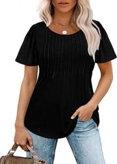 Liora Pleated Short Sleeve Top | Scoop Neck Pull-On Women's Blouse 