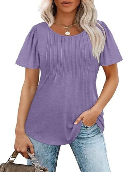 Liora Pleated Short Sleeve Top | Scoop Neck Pull-On Women's Blouse 