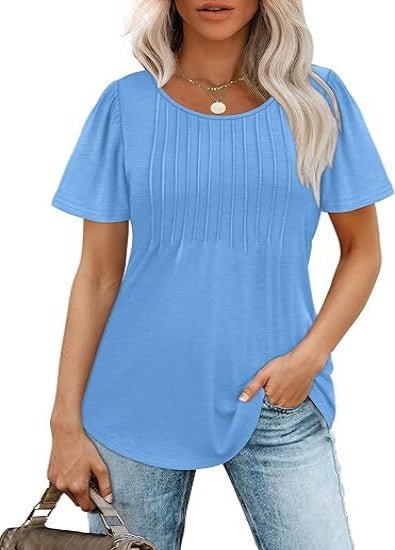 Liora Pleated Short Sleeve Top | Scoop Neck Pull-On Women's Blouse 