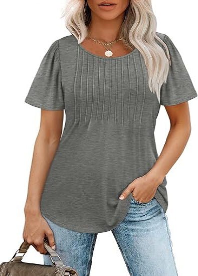 Liora Pleated Short Sleeve Top | Scoop Neck Pull-On Women's Blouse 