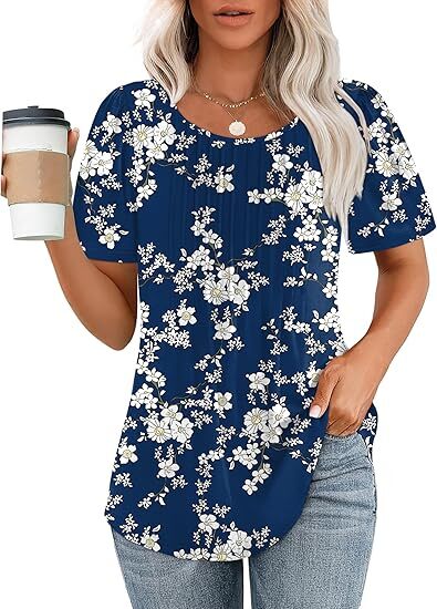 Liora Pleated Short Sleeve Top | Scoop Neck Pull-On Women's Blouse 