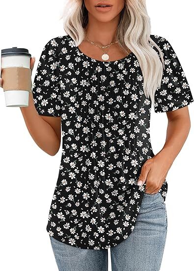 Liora Pleated Short Sleeve Top | Scoop Neck Pull-On Women's Blouse 