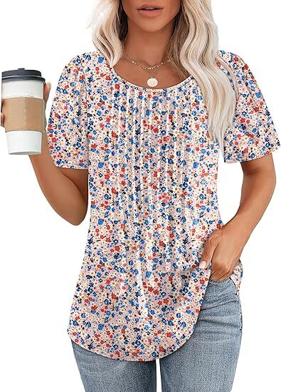 Liora Pleated Short Sleeve Top | Scoop Neck Pull-On Women's Blouse 