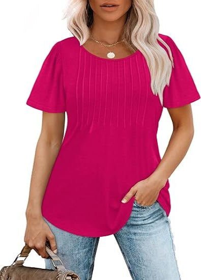 Liora Pleated Short Sleeve Top | Scoop Neck Pull-On Women's Blouse 