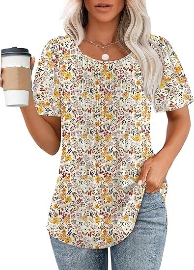 Liora Pleated Short Sleeve Top | Scoop Neck Pull-On Women's Blouse 