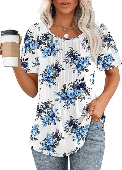 Liora Pleated Short Sleeve Top | Scoop Neck Pull-On Women's Blouse 