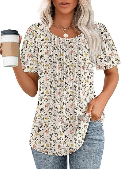 Liora Pleated Short Sleeve Top | Scoop Neck Pull-On Women's Blouse 