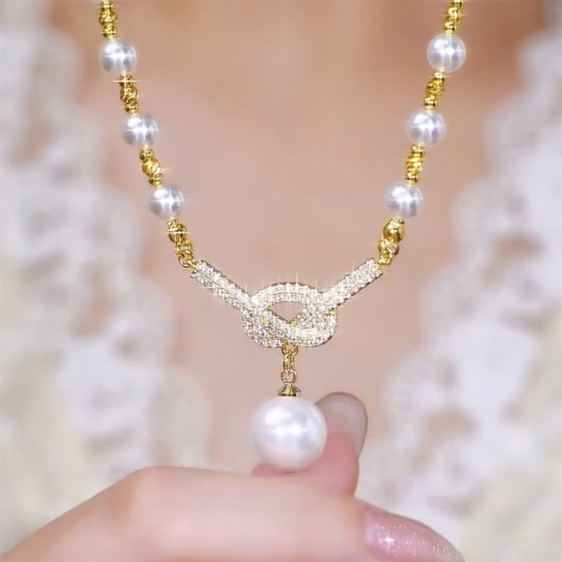 Luna Glow Simulated Pearl Necklace | Sparkling Rhinestone Details, 17.7 in 