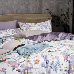 Luxurious Egyptian Cotton Bedding Set with Botanical Design – Soft White and Muted Lilac Reversible Comforter 