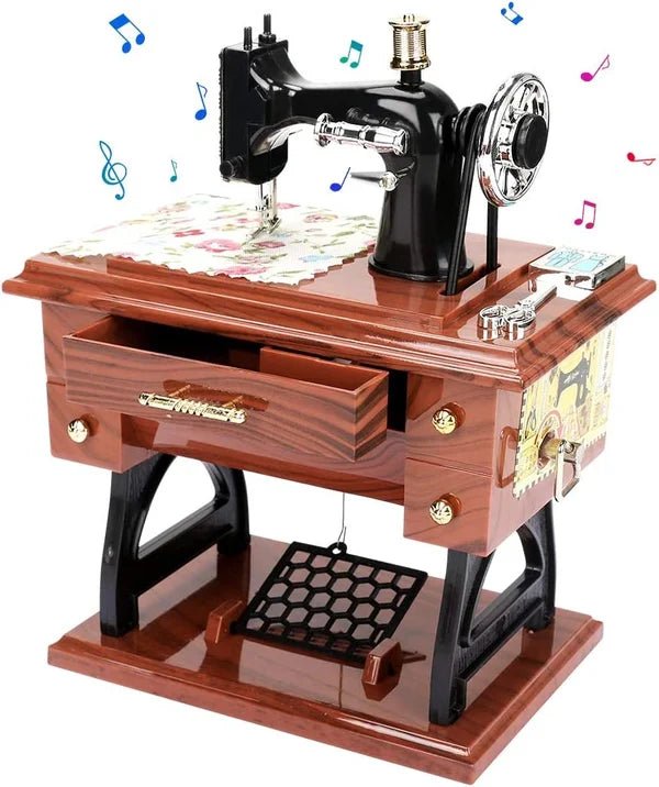 Melody Stitch Clockwork Music Box | Wooden Sewing Machine Decor With Drawer Play 