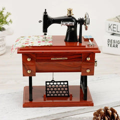 Melody Stitch Clockwork Music Box | Wooden Sewing Machine Decor With Drawer Play 