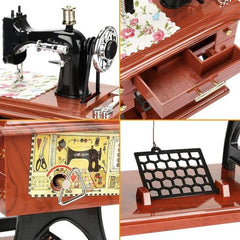 Melody Stitch Clockwork Music Box | Wooden Sewing Machine Decor With Drawer Play