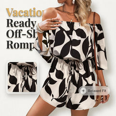 Open-Air Off Shoulder Romper | Drawstring Waist, Abstract Leaf Print