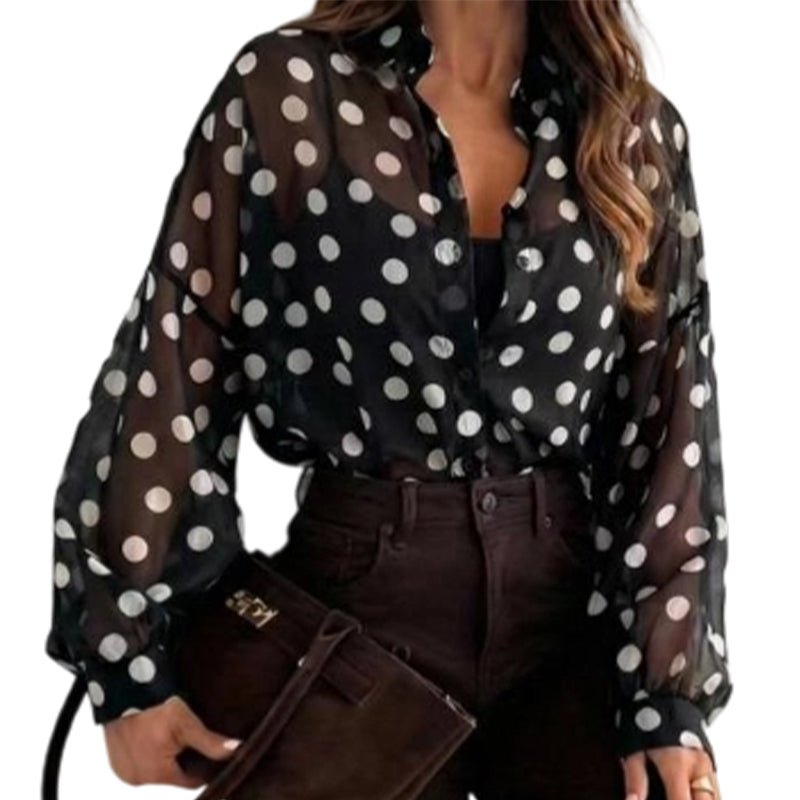 Pearl Dot Button-Down Blouse | Lightweight Relaxed Fit, Sizes S-3XL