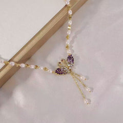 Purple Swan Heart Pendant Necklace | Adjustable Chain & Pearl Accents