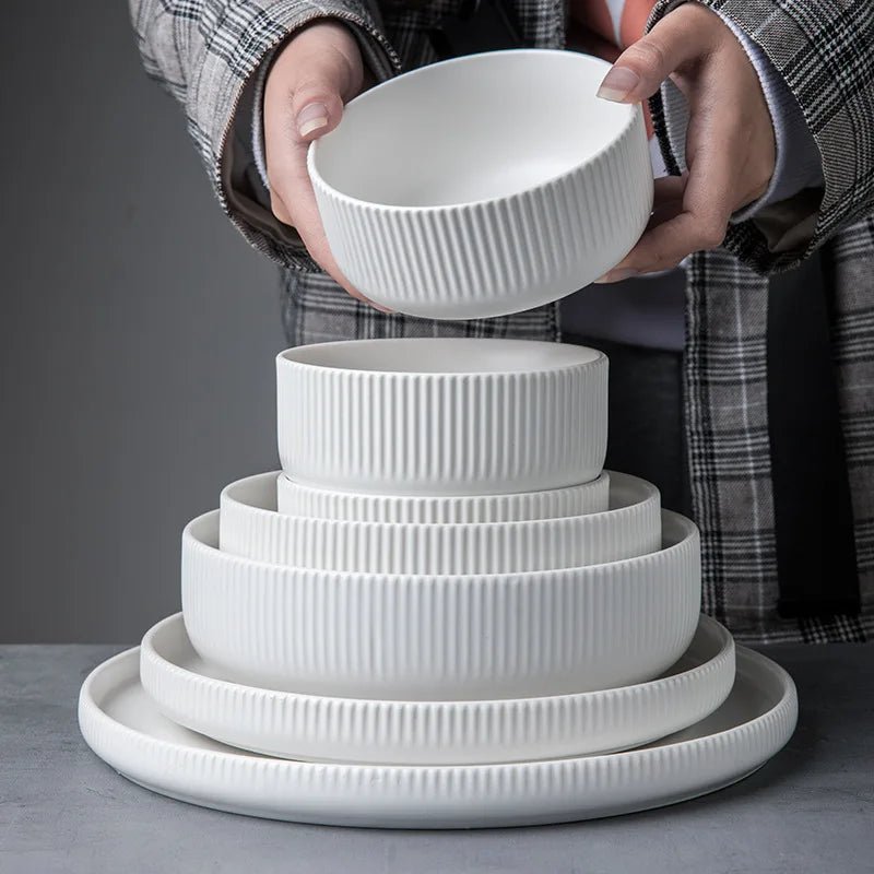 Ribbed Ceramic Dinnerware Set - 25-Piece Matte Finish Dinner Set with Modern Design and Easy Clean Plates