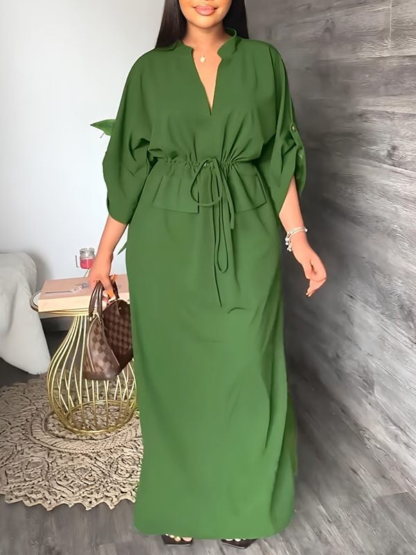 Serene V-Neck Two-Piece Dress | Lightweight Polyester Blend & Side Slits
