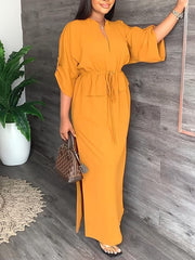 Serina Lightweight V-Neck Dress | Drawstring Waist & Side Slits
