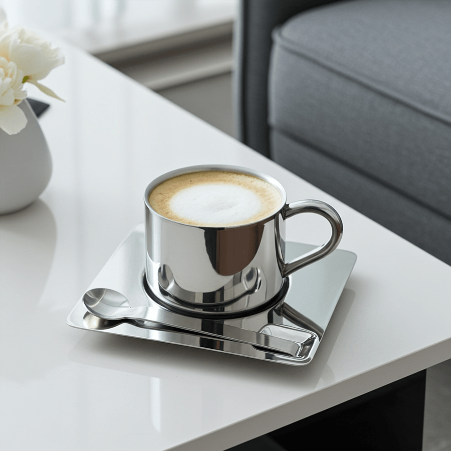 Stainless Steel Coffee Mug Set with Saucer and Spoon – Double-Walled Insulation for Hot and Cold Beverages
