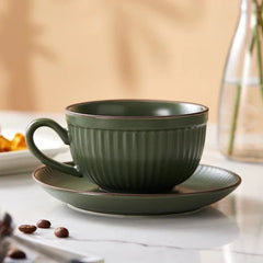 Stoneware Mug Set with Ergonomic Handles and Matching Saucer – Elegant Coffee and Tea Cup Set for Daily Use