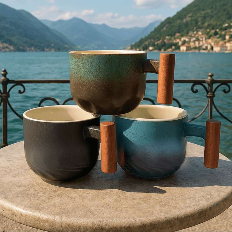 Vintage Ceramic Coffee Cup with Wooden Handle – 180ml Capacity for Cappuccinos, Handcrafted Design