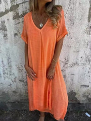 Willow Cotton-Linen V-Neck Midi Dress | Breathable Summer Style