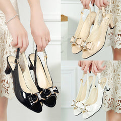 Willow Mid-Heel Peep-Toe Slingback Sandals | Rhinestone Bow Accent