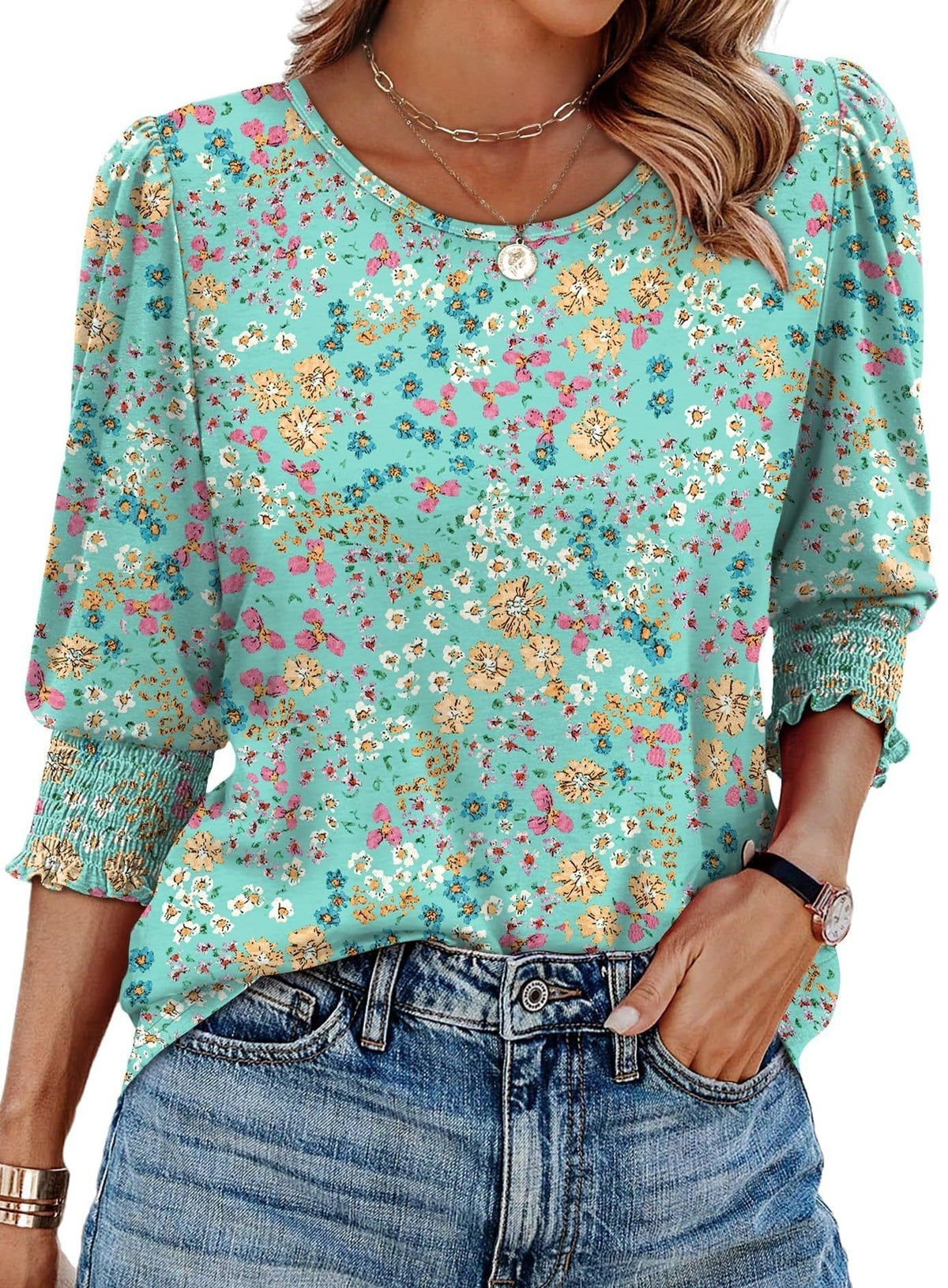 Willow 3/4 Sleeve Blouse | Smocked Cuffs & Curved Hem